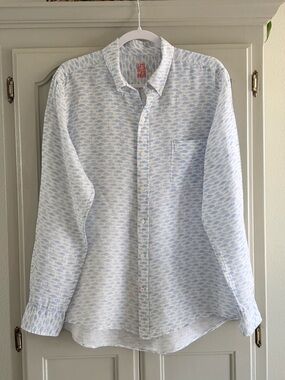 J.McLaughlin Men's Blue Fish Print Linen Button Down Shirt Size Large